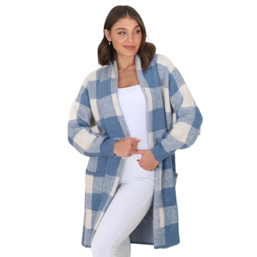 Free As A Bird Blue Plaid Soft Cardigan Size Small